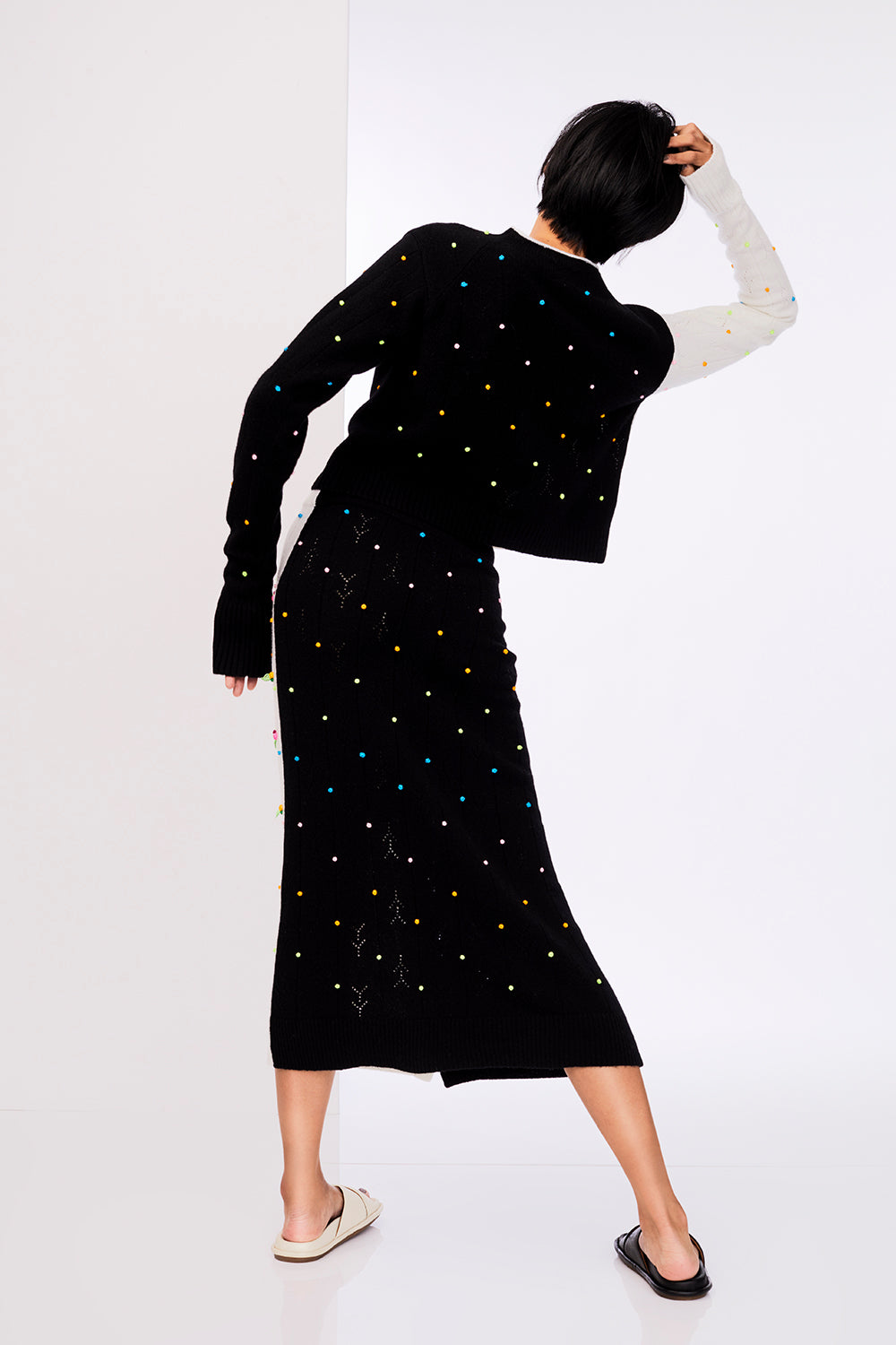 Rosie Extra Long Sleeve Cardigan in Black/White Lambswool