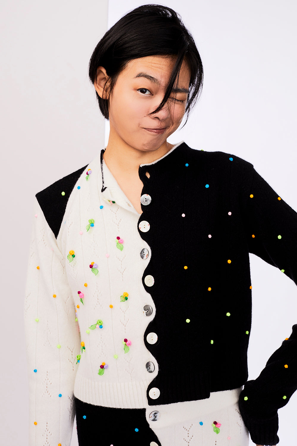 Rosie Extra Long Sleeve Cardigan in Black/White Lambswool