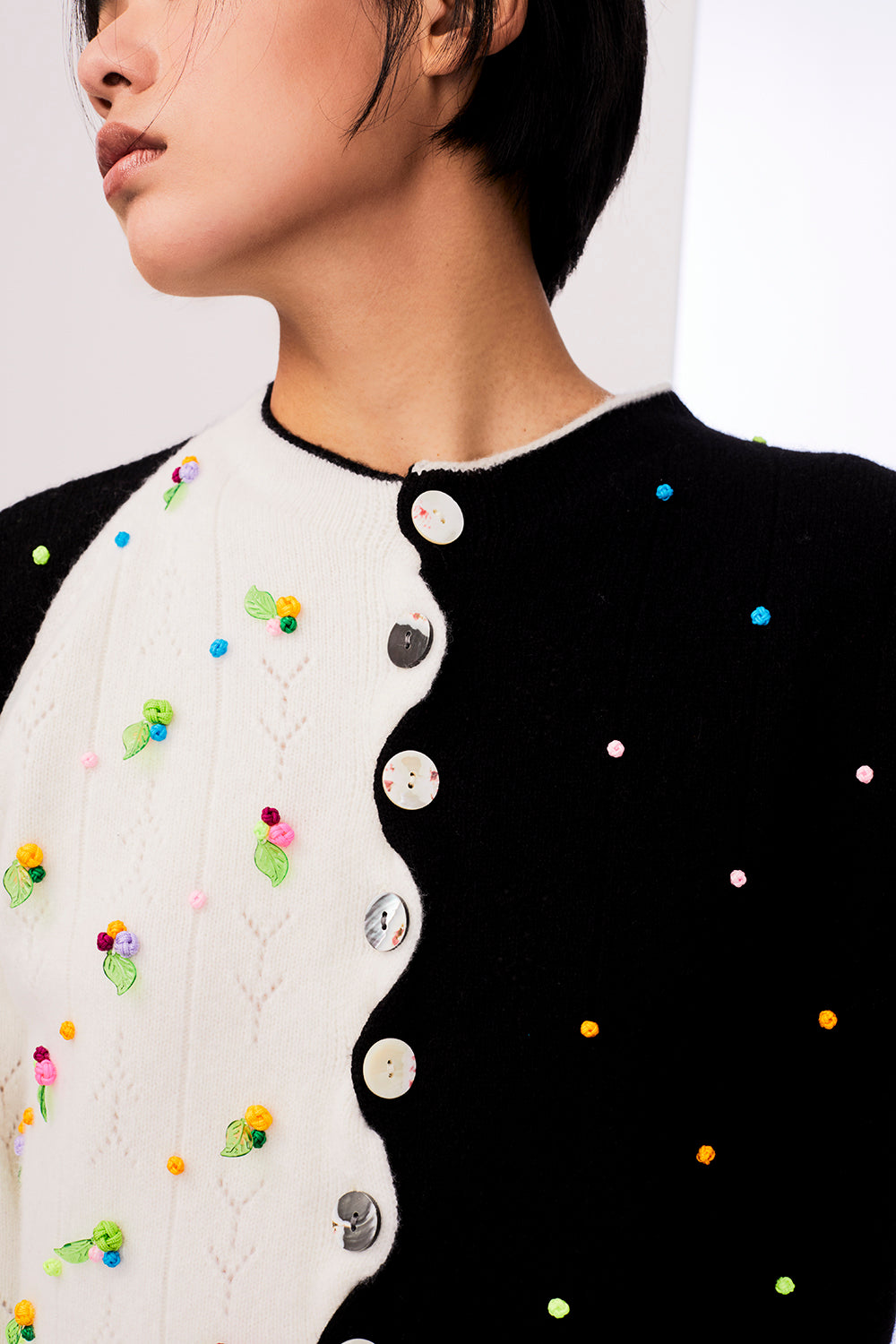 Rosie Extra Long Sleeve Cardigan in Black/White Lambswool