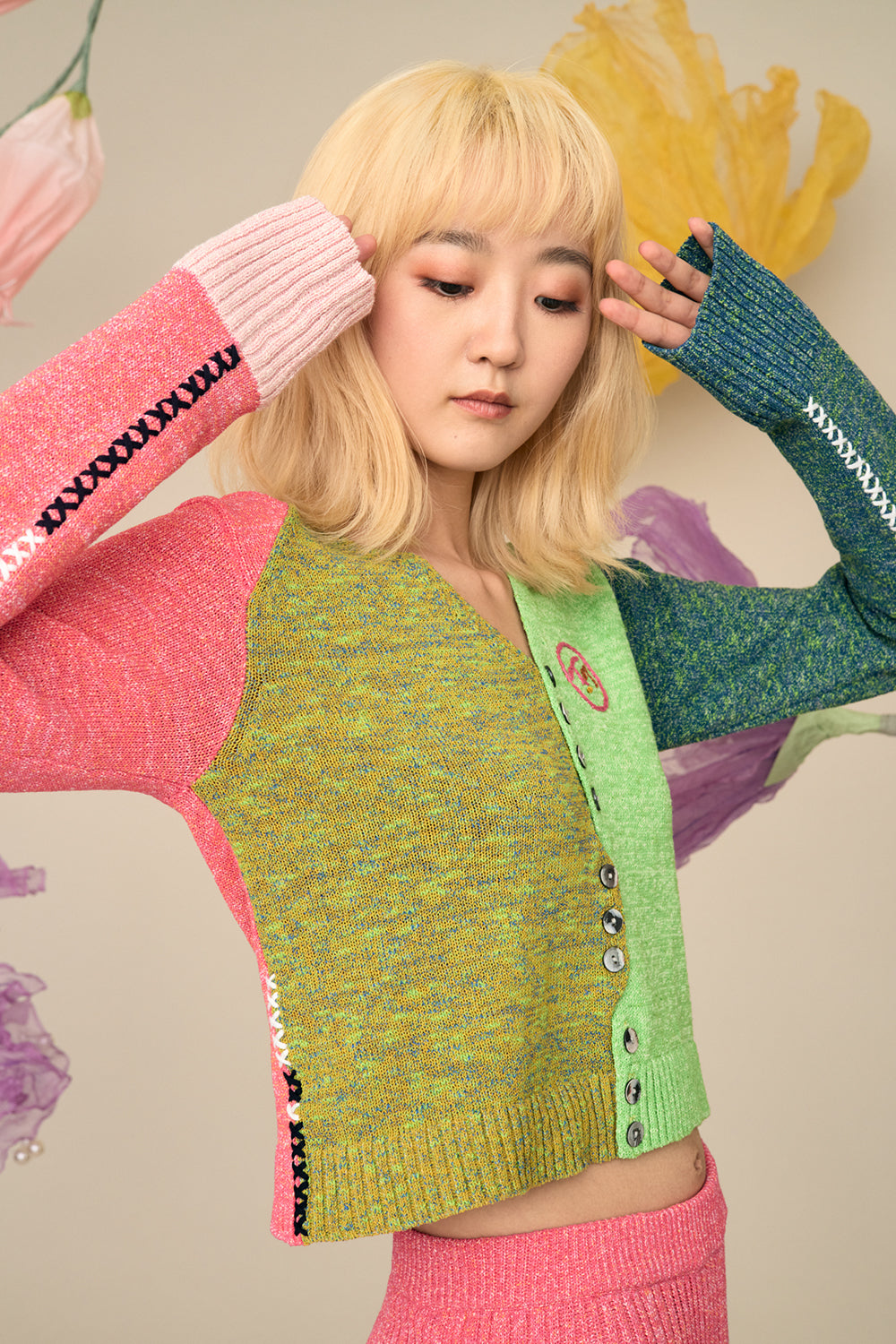 Romy Tweed Colorblock V-Neck Cardigan