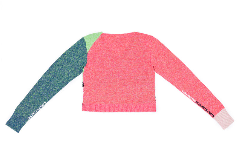 Romy Tweed Colorblock V-Neck Cardigan in Fuchsia Multi