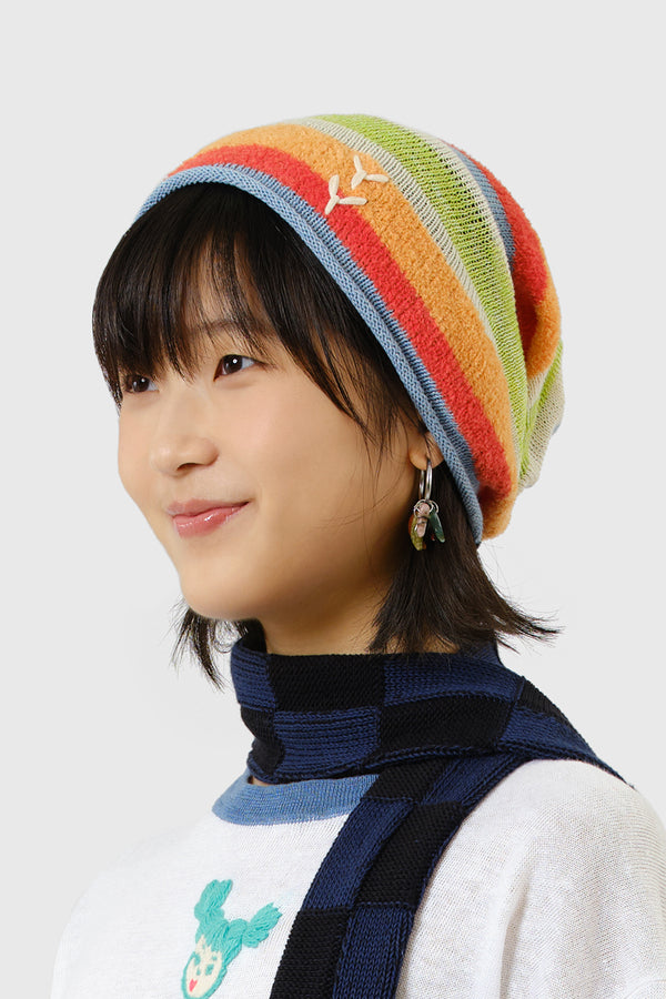 Floatee Slouchy Beanie in Lime/Red Multi Yarn Stripe