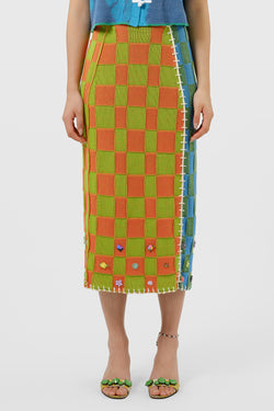 Embellished Check Midi Skirt in Citrus/Earth Cotton Check