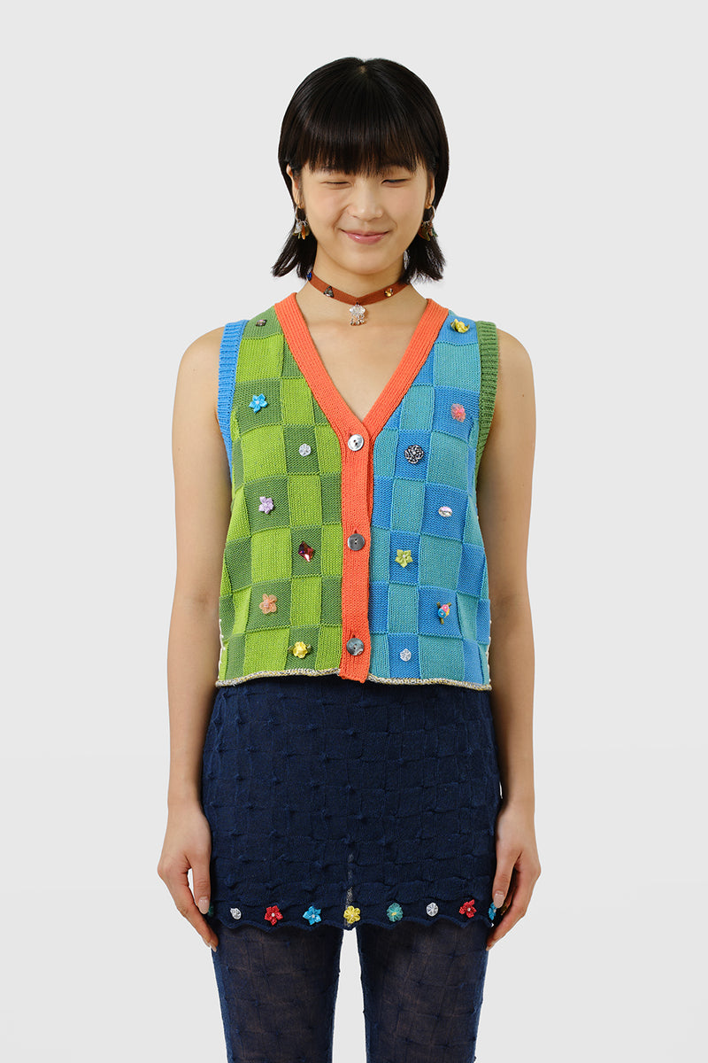 Embellished Check Waistcoat in Watermelon/Ocean Cotton Check