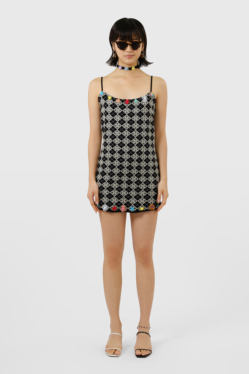 *YANNIVERSARY PROMO!* Argyle Strappy Mini Dress in Black/White Jacquard with Ribbon Flowers