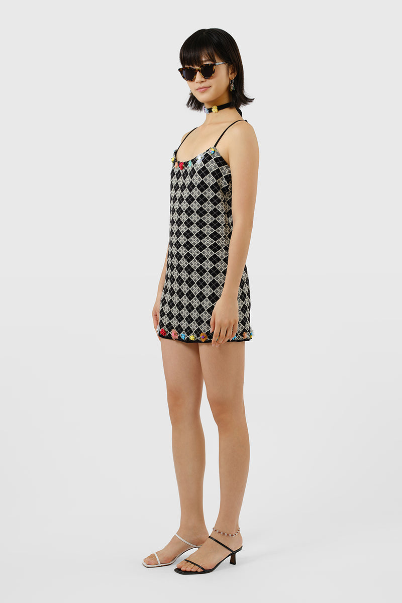 *YANNIVERSARY PROMO!* Argyle Strappy Mini Dress in Black/White Jacquard with Ribbon Flowers