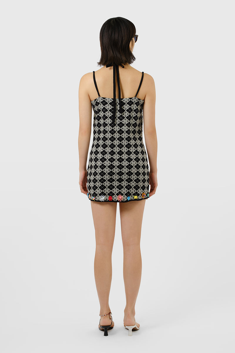 Argyle Strappy Mini Dress in Black/White Jacquard with Ribbon Flowers