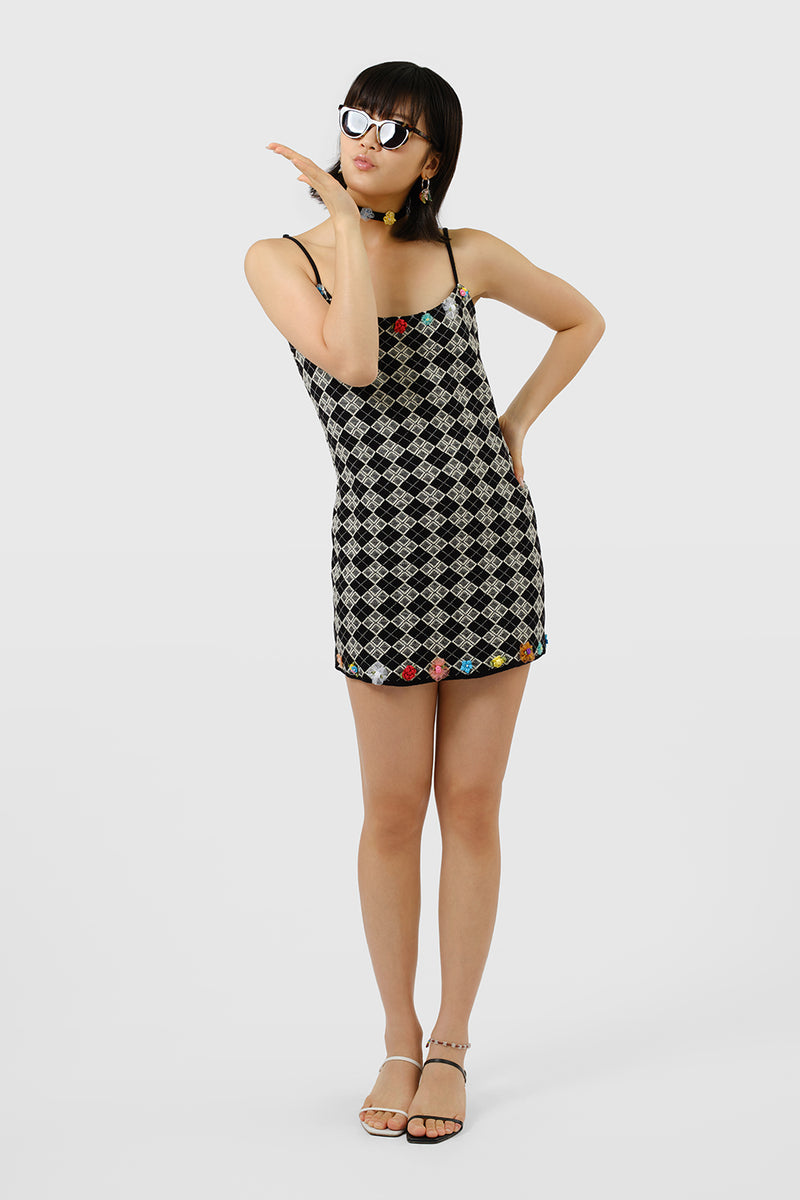 *YANNIVERSARY PROMO!* Argyle Strappy Mini Dress in Black/White Jacquard with Ribbon Flowers