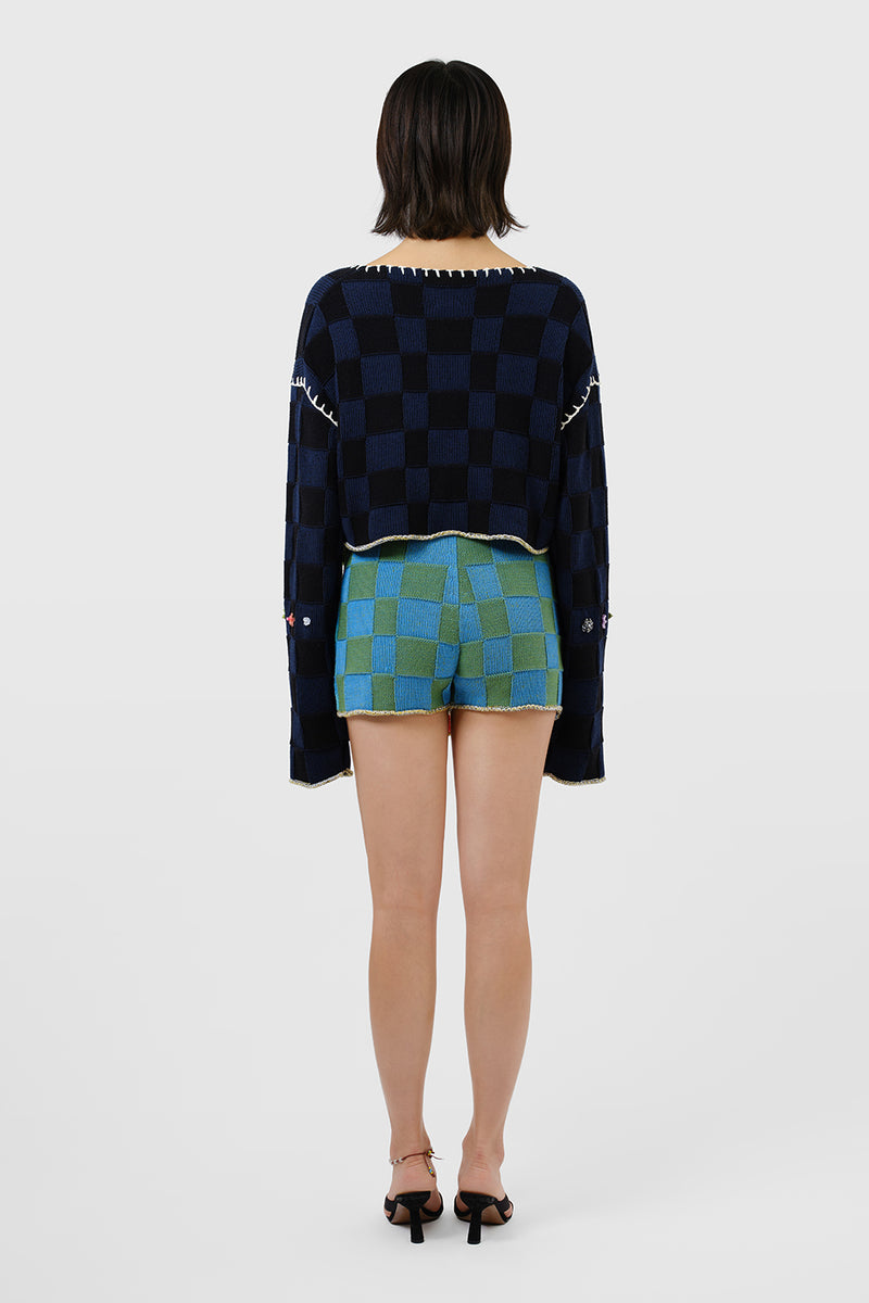 Embellished Check V-neck Cropped Pullover in Midnight Cotton Check