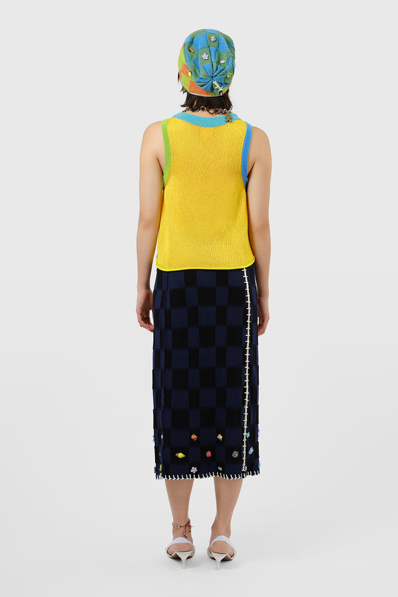 Embellished Check Midi Skirt in Midnight Cotton Check