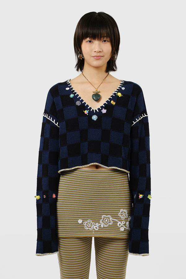 Embellished Check V-neck Cropped Pullover in Midnight Cotton Check