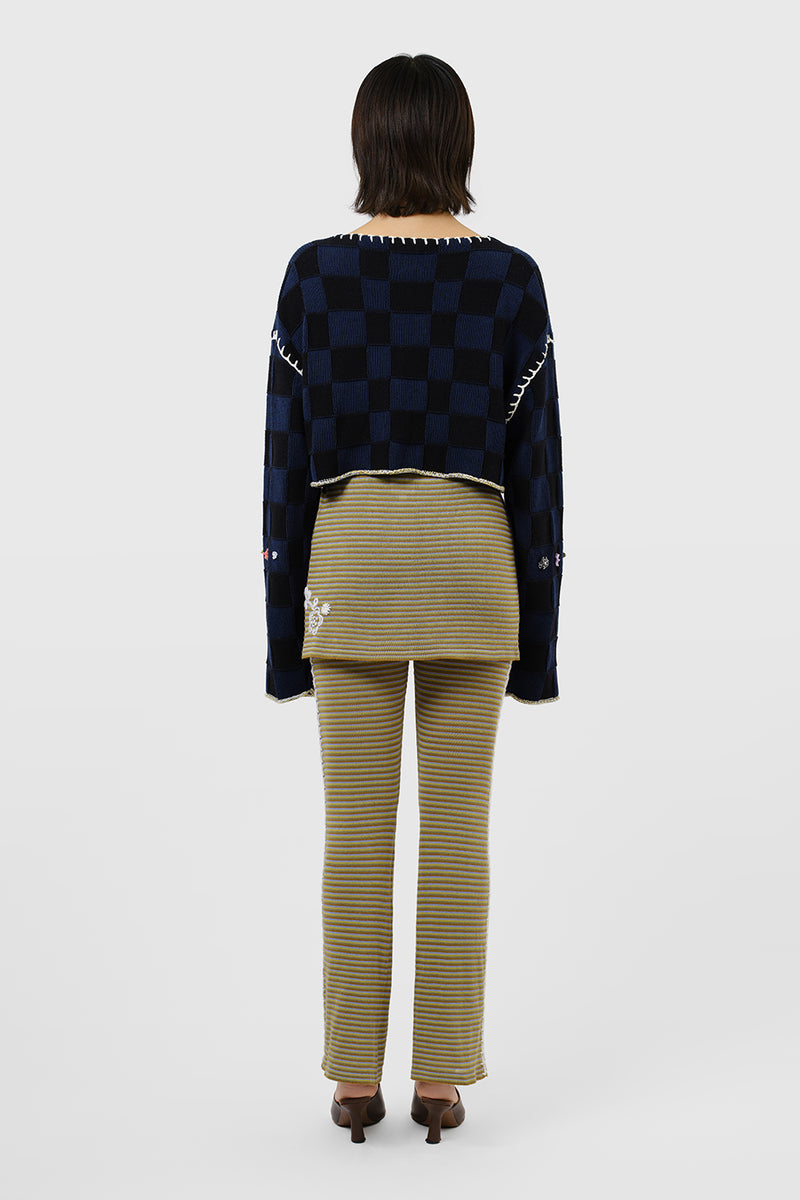 Embellished Check V-neck Cropped Pullover in Midnight Cotton Check