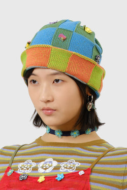 Embellished Check Beanie in Earth/Citrus Cotton Check