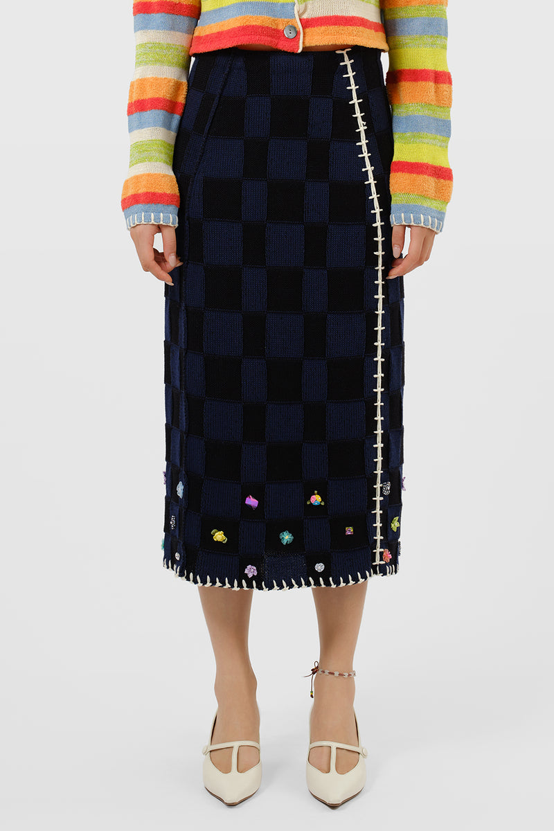 Embellished Check Midi Skirt in Midnight Cotton Check