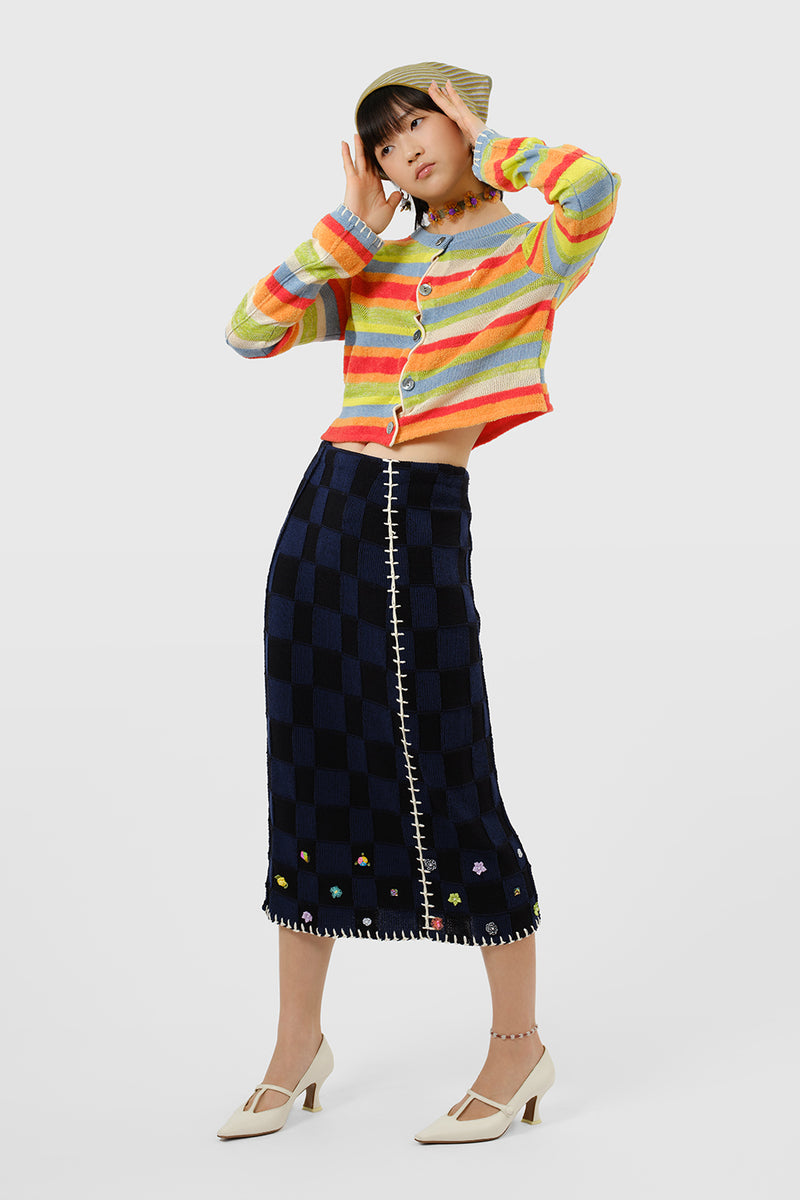 Embellished Check Midi Skirt in Midnight Cotton Check