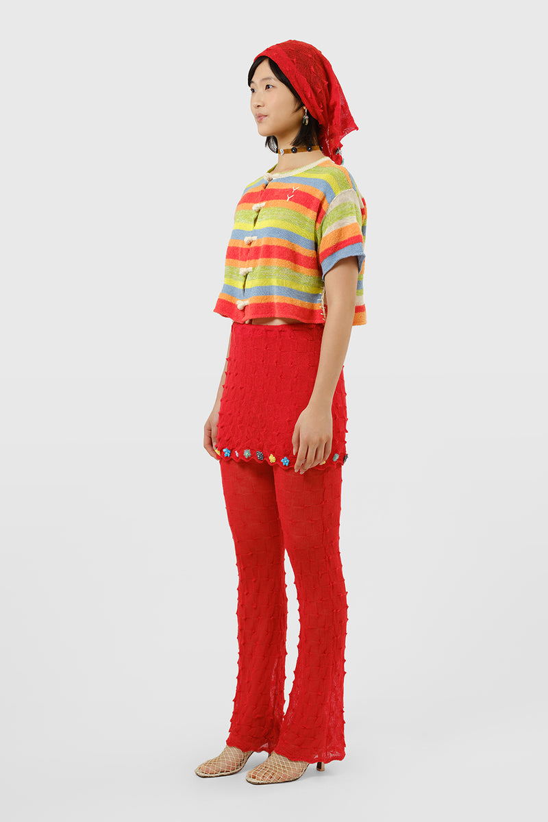 Floatee Short Sleeve Crop Shirt in Lime/Red Multi Yarn Stripe