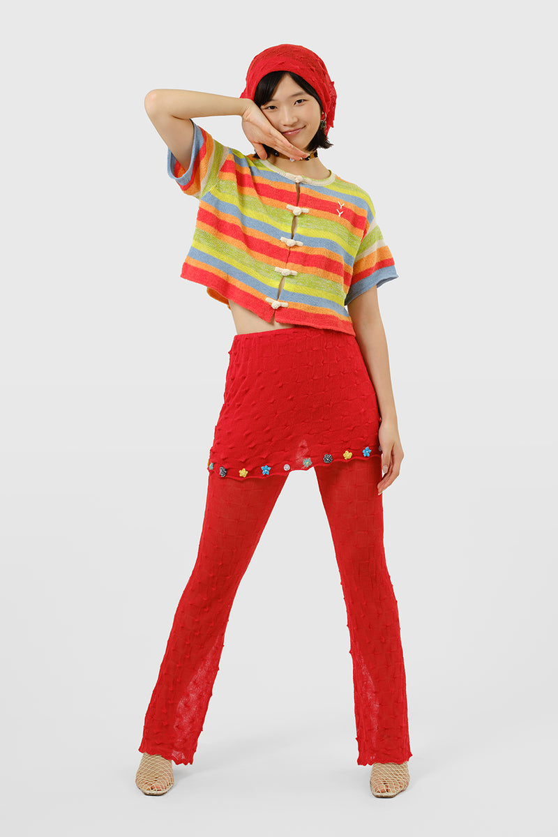 Floatee Short Sleeve Crop Shirt in Lime/Red Multi Yarn Stripe