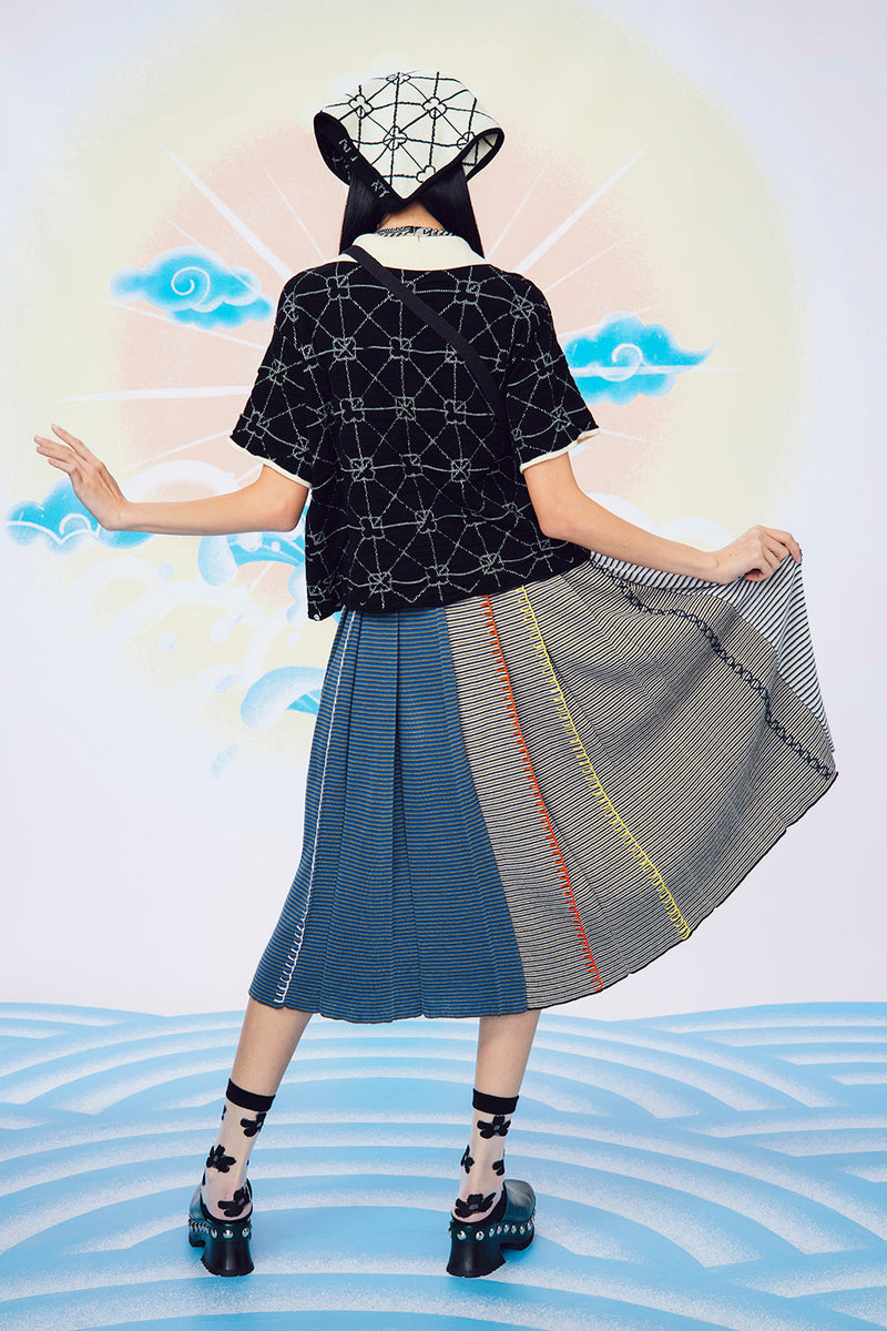 Cotton Microstripe Pleated Midi Skirt in Blue/Grey/Yellow