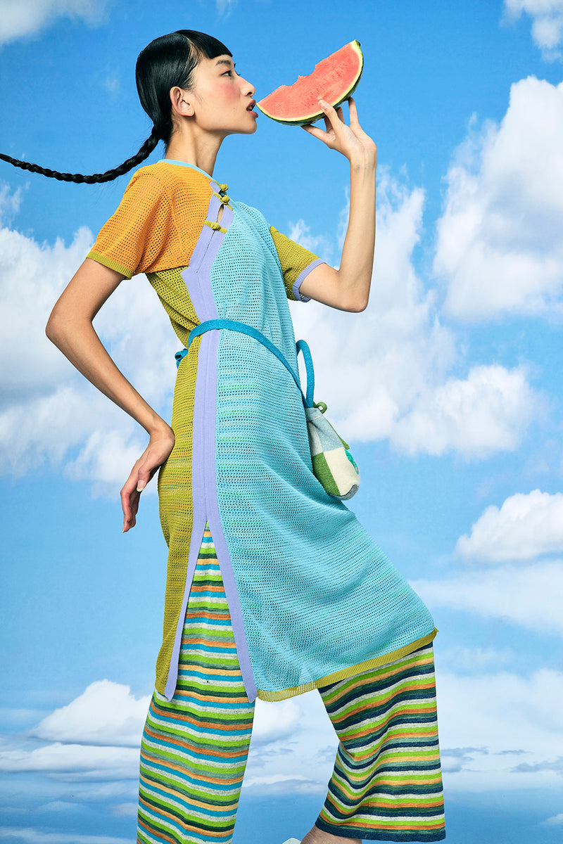 Netty Midi Dress in Sky/Citrus Cotton Cord
