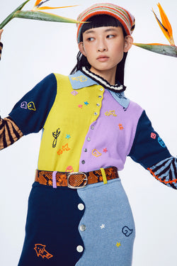 Curious Short Sleeve Cardigan in Sprout/Lilac Cotton