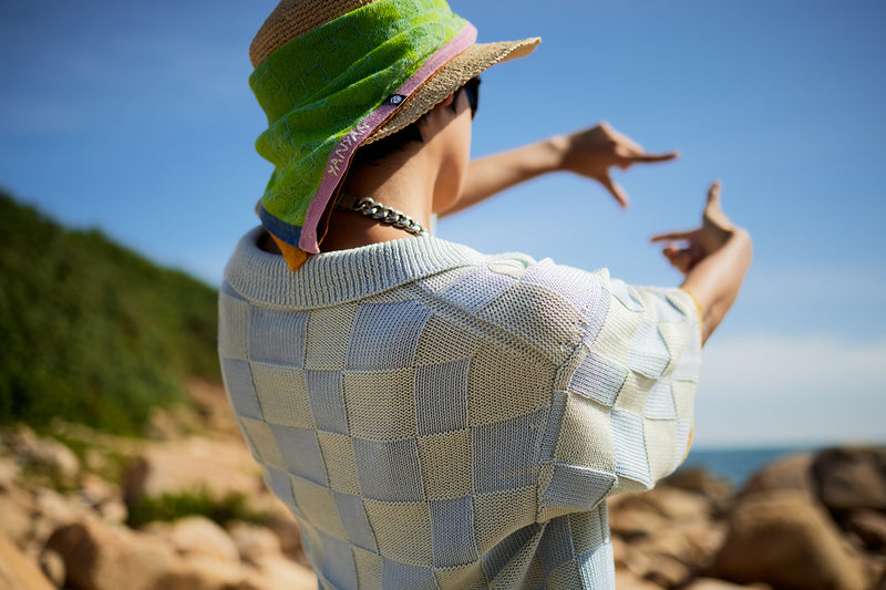 Plaited Check Oversized Short Sleeve Shirt in Sky Cotton