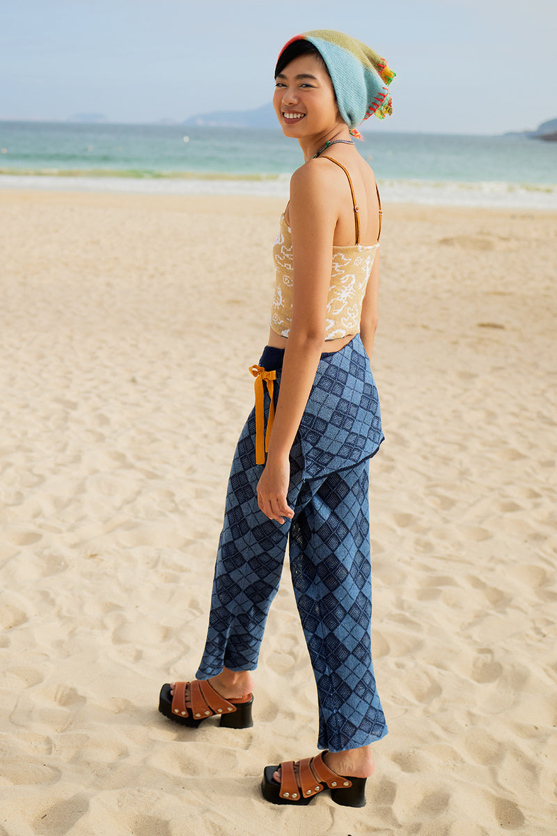 Argyle Easy Beach Pant with Apron Set in Indigo Linen