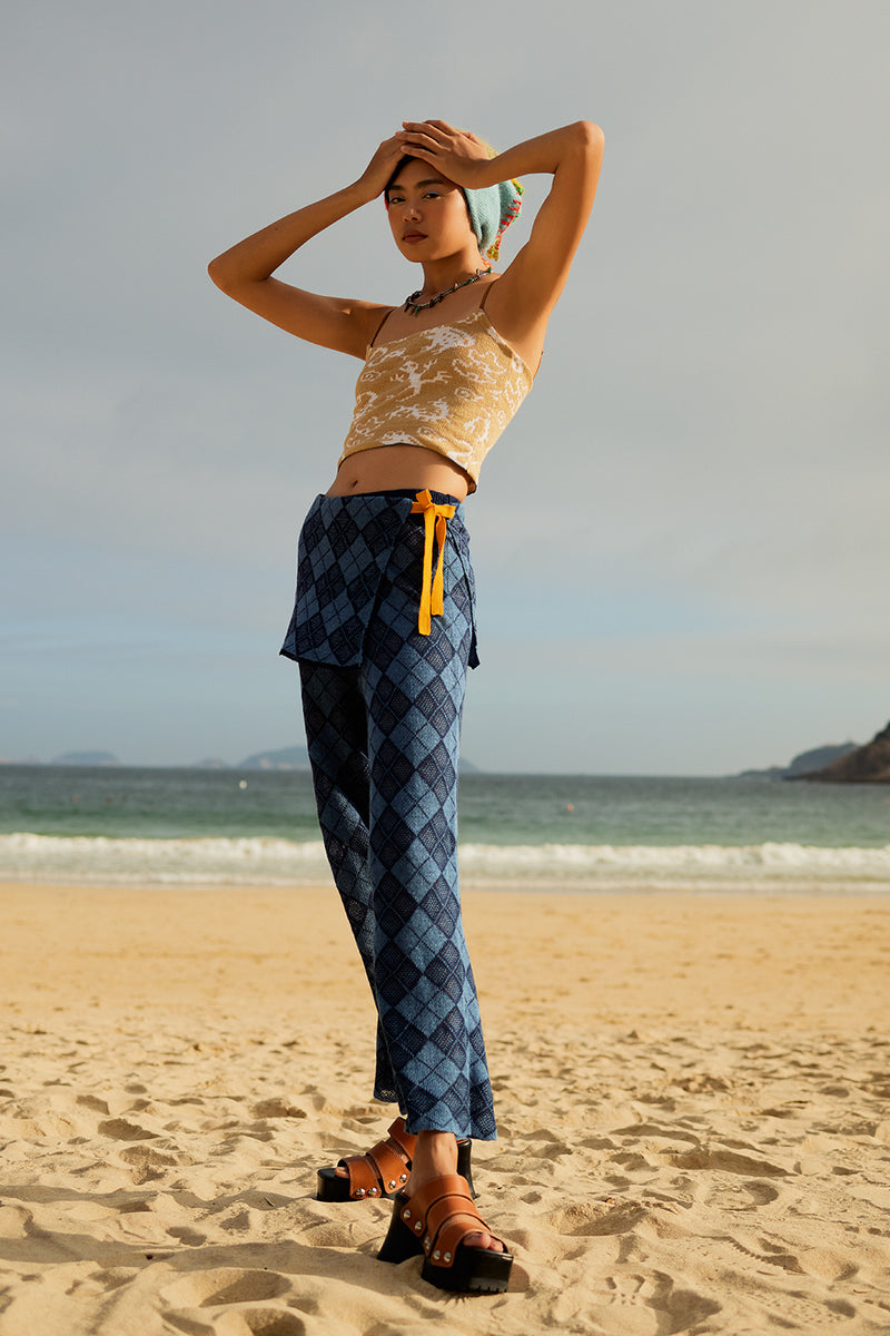 Argyle Easy Beach Pant with Apron Set in Indigo Linen