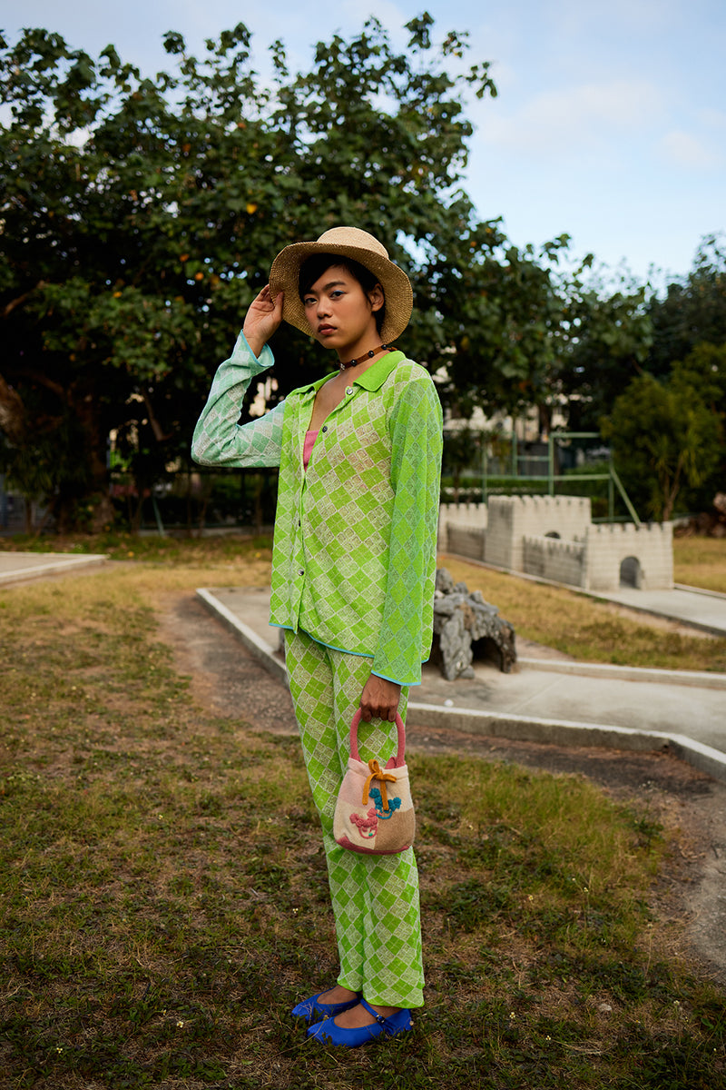 Argyle Slim Beach Pant with Apron Set in Lime Linen