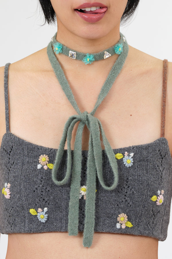 Extralong Choker in Jade Alpaca with Turquoise Ribbon Flowers and Acrylic Stones