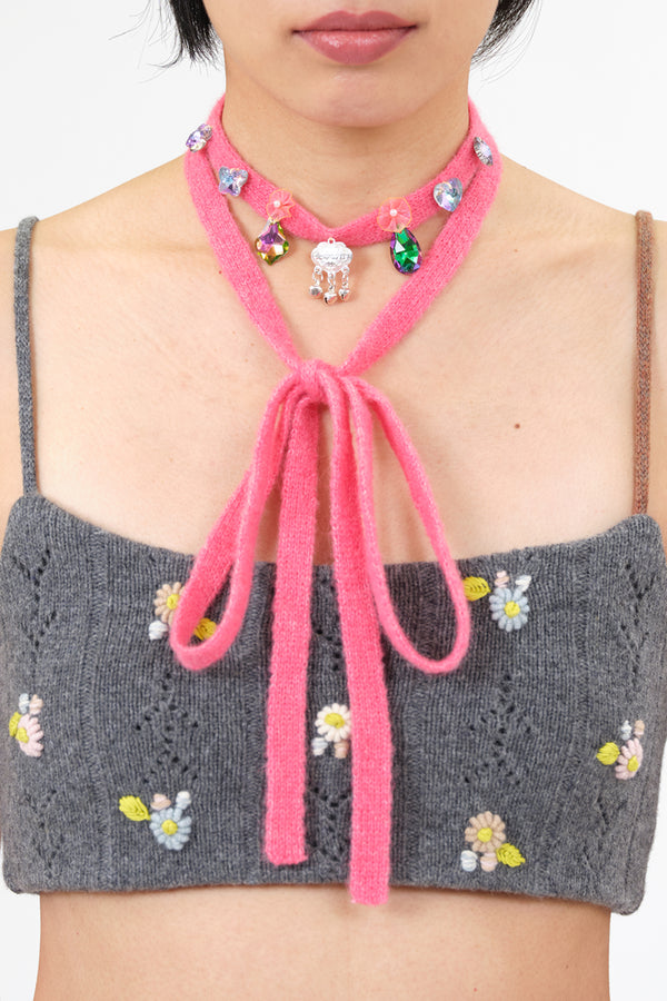 Extralong Choker in Pink Alpaca with Platinum Charm, Acrylic Stones and Pink Ribbon Flowers