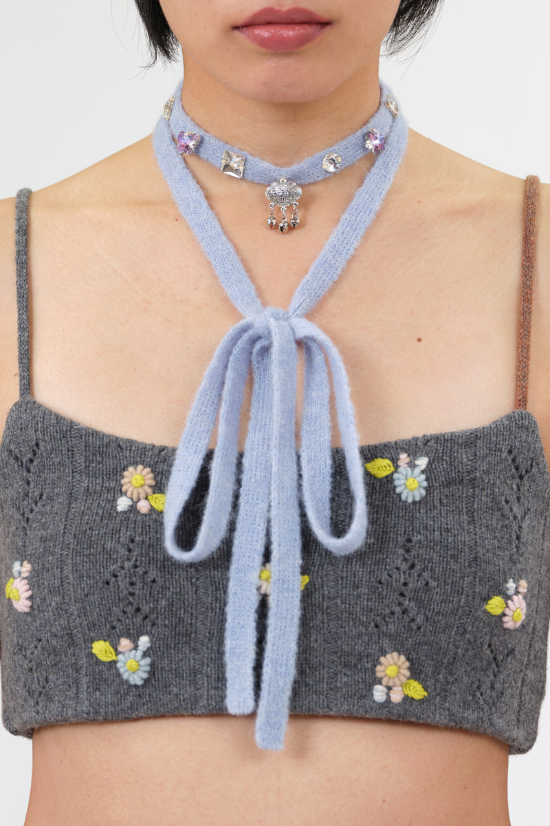 Extralong Choker in Sky Alpaca with Platinum Charm and Acrylic Stones