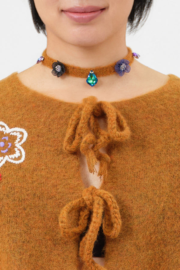 Extralong Choker in Ochre Alpaca with Midnight Ribbon Flowers and Acrylic Stones