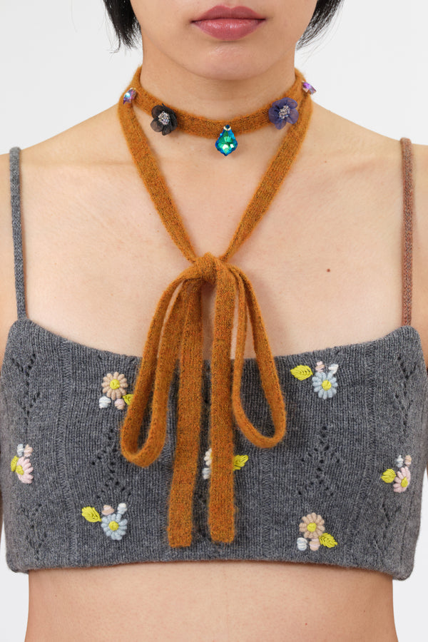 Extralong Choker in Ochre Alpaca with Midnight Ribbon Flowers and Acrylic Stones