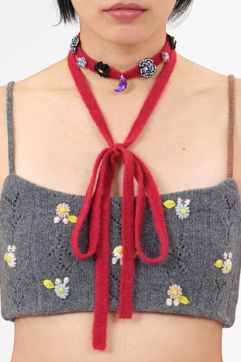 Extralong Choker in Wine Alpaca with Black/White Ribbon Flowers and Acrylic Stones