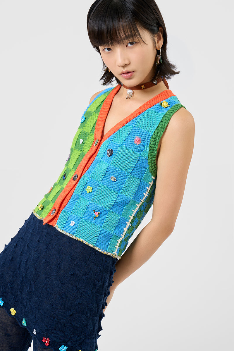 Embellished Check Waistcoat in Watermelon/Ocean Cotton Check