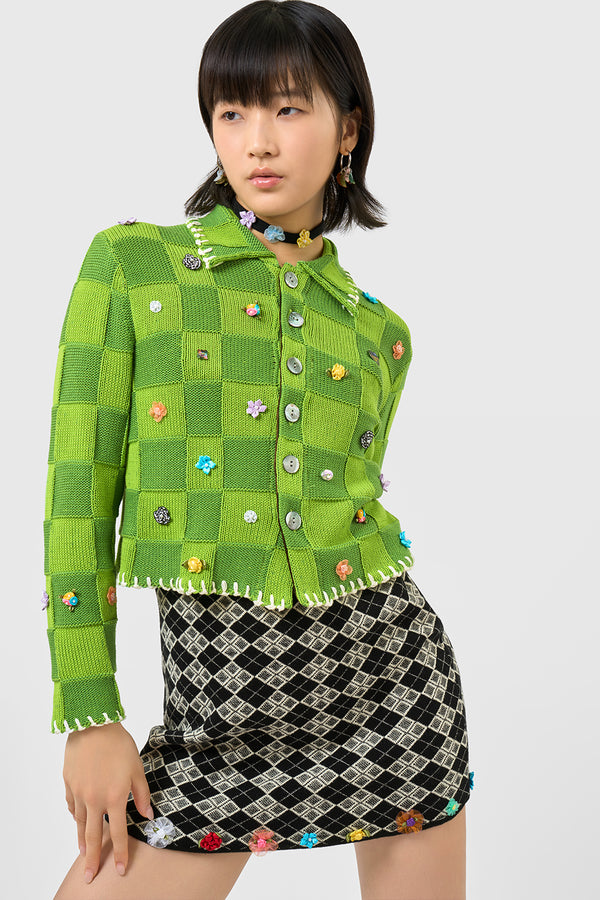 Embellished Check Shrunken Work Jacket in Watermelon Cotton Check