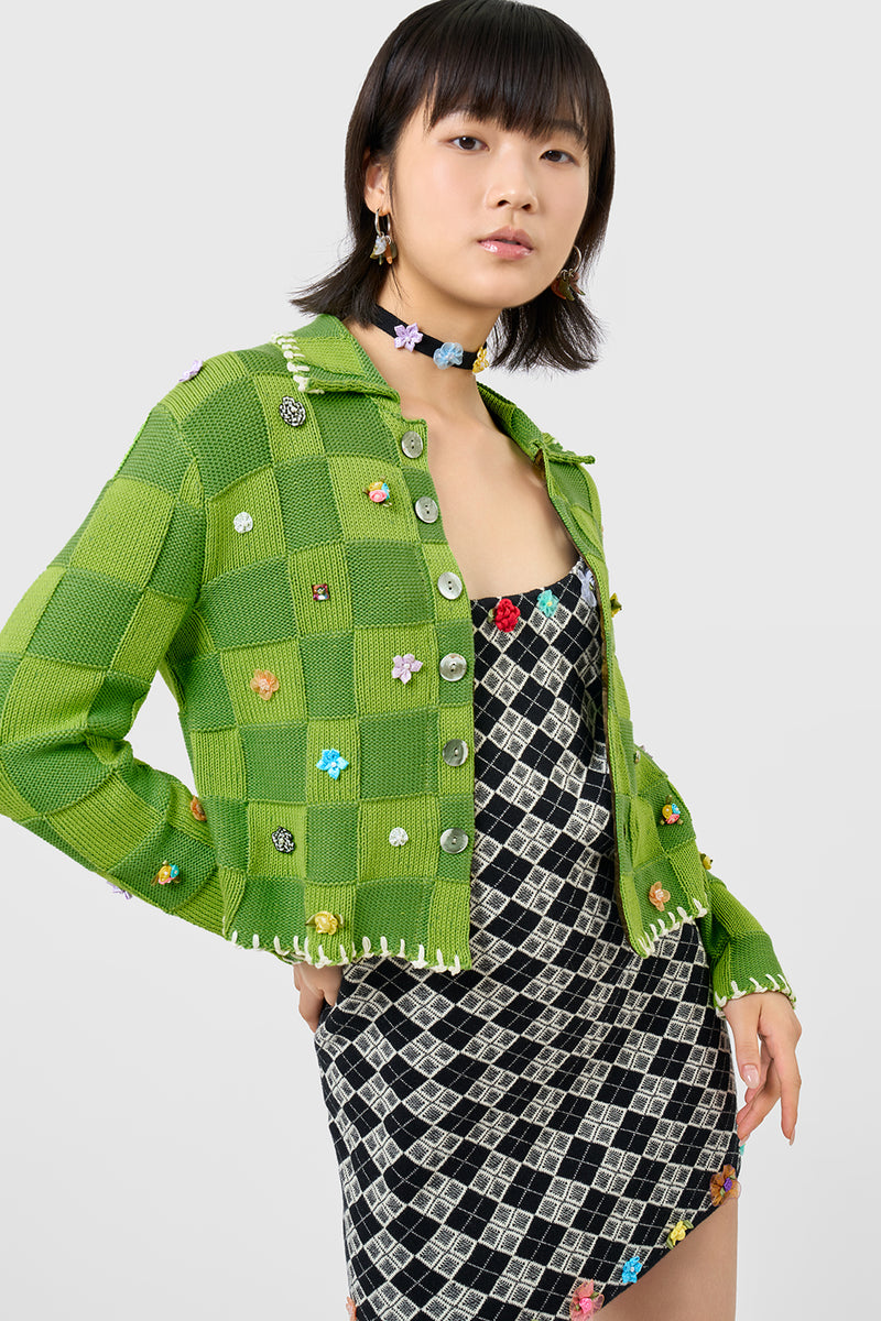 Embellished Check Shrunken Work Jacket in Watermelon Cotton Check