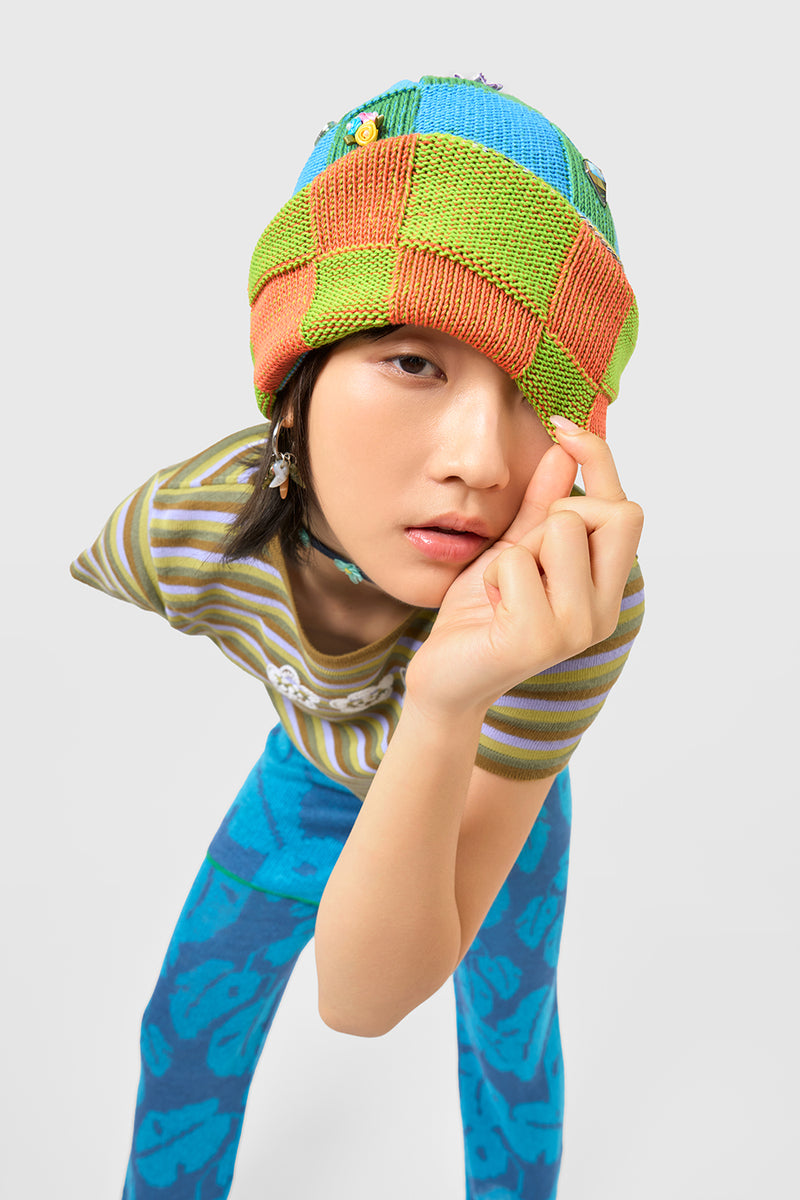 Embellished Check Beanie in Earth/Citrus Cotton Check