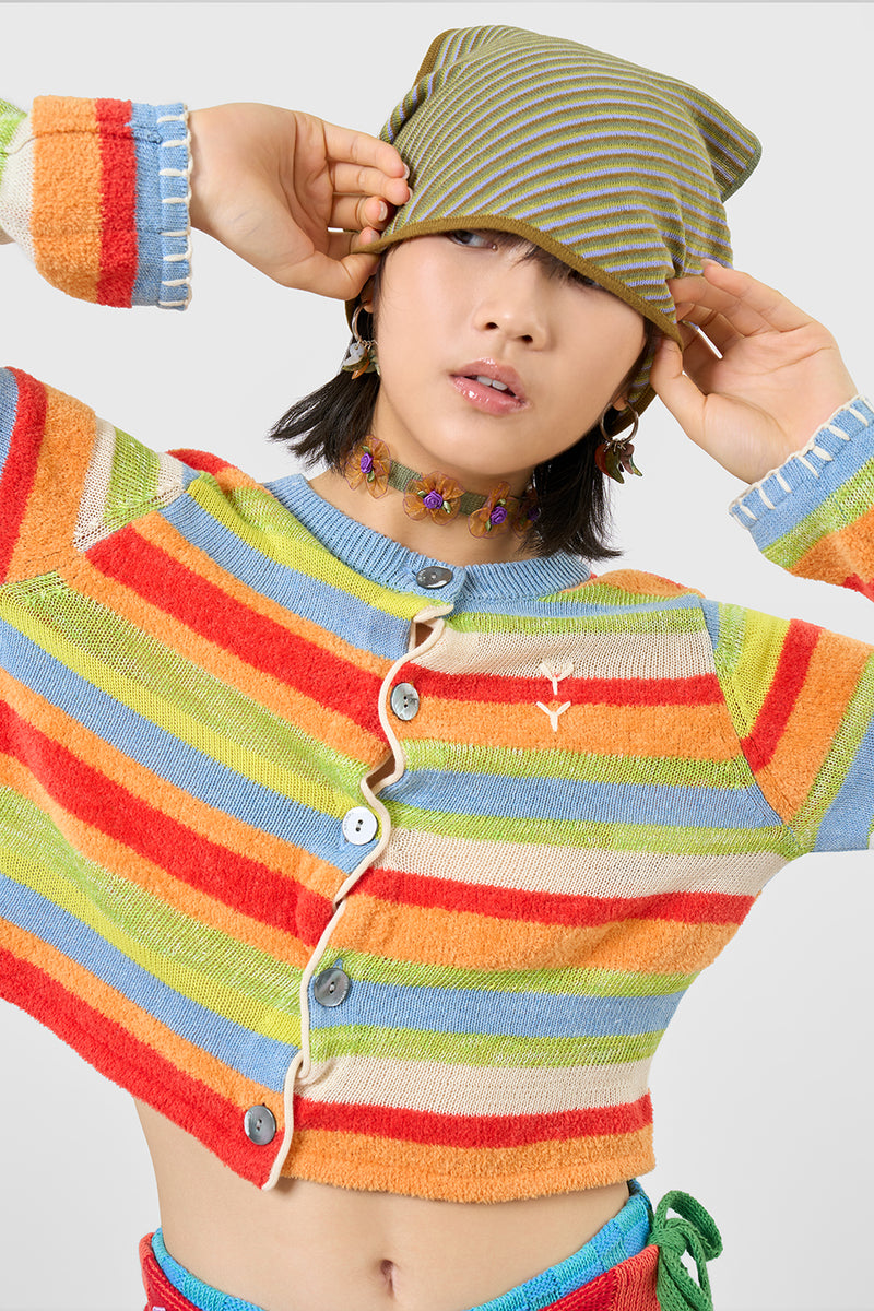 *YANNIVERSARY PROMO!* Floatee Shrunken Cardigan in Lime/Red Multi Yarn Stripe