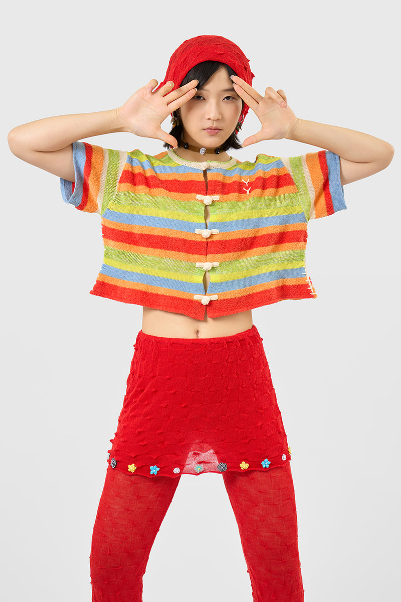 Floatee Short Sleeve Crop Shirt in Lime/Red Multi Yarn Stripe