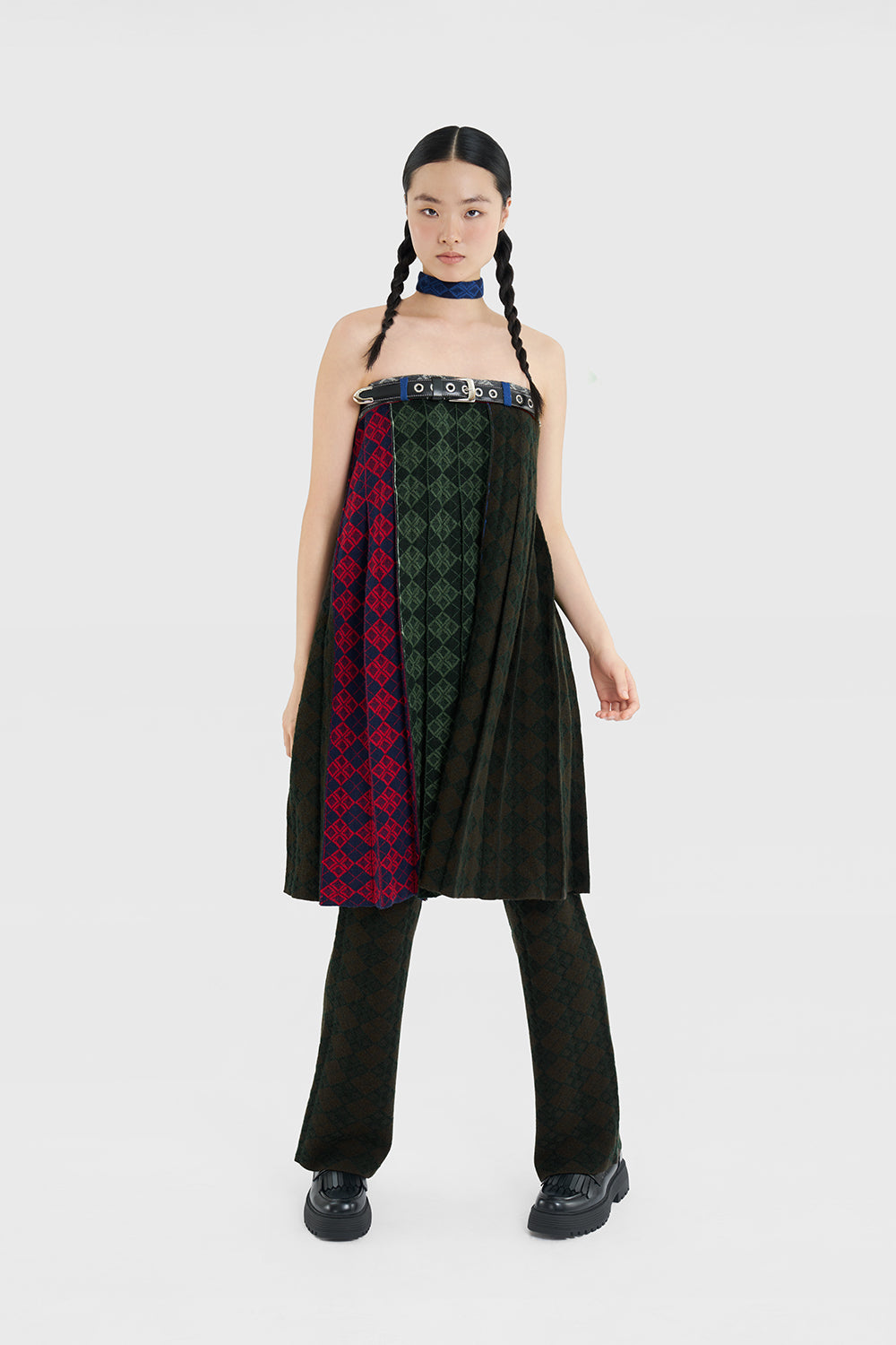 Argyle Pleated Midi Skirt