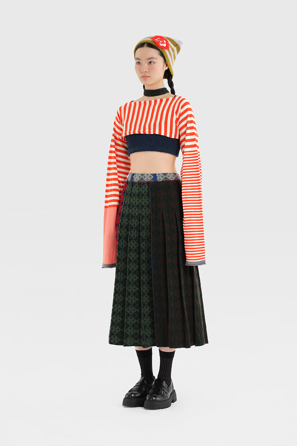 Argyle Pleated Midi Skirt