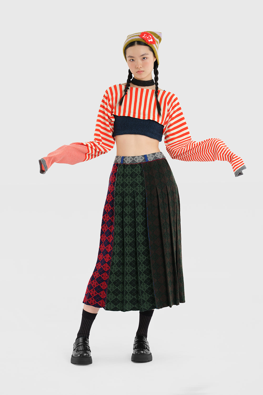 Argyle Pleated Midi Skirt