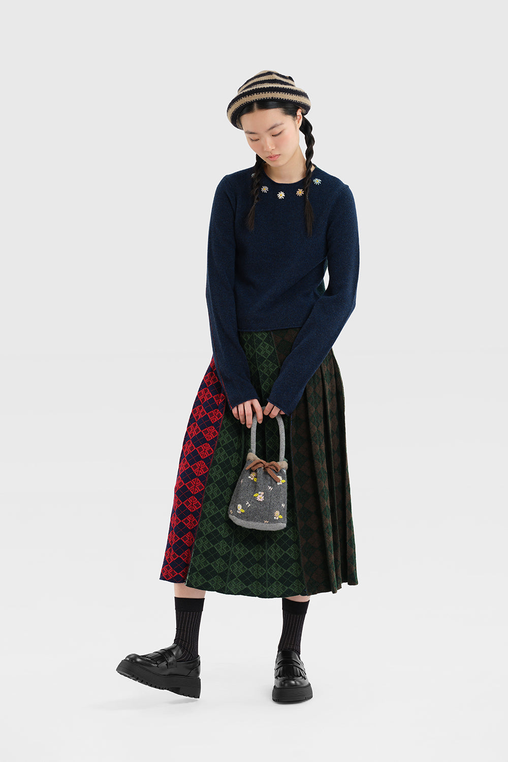 Argyle Pleated Midi Skirt