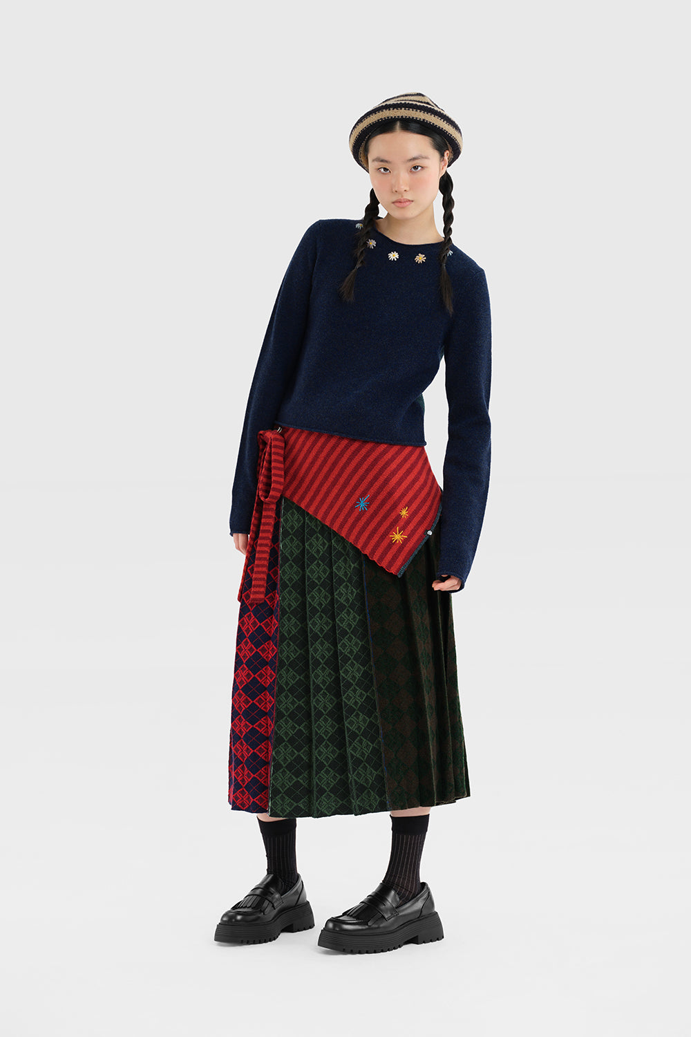 Argyle Pleated Midi Skirt