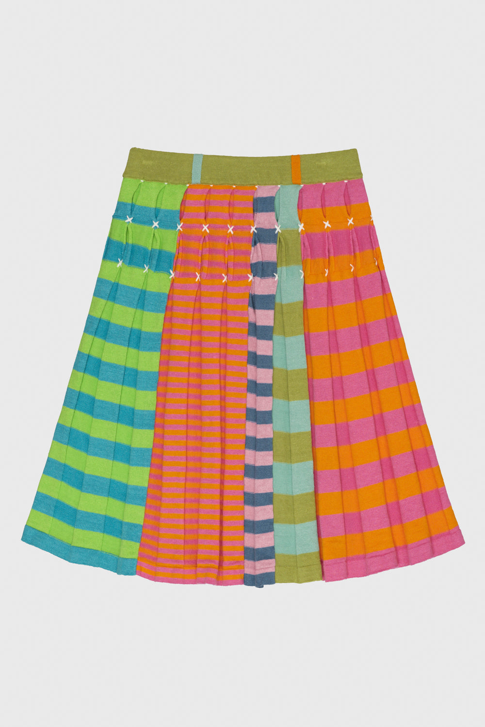 Mismatch Linen Stripe Pleated Midi Skirt
