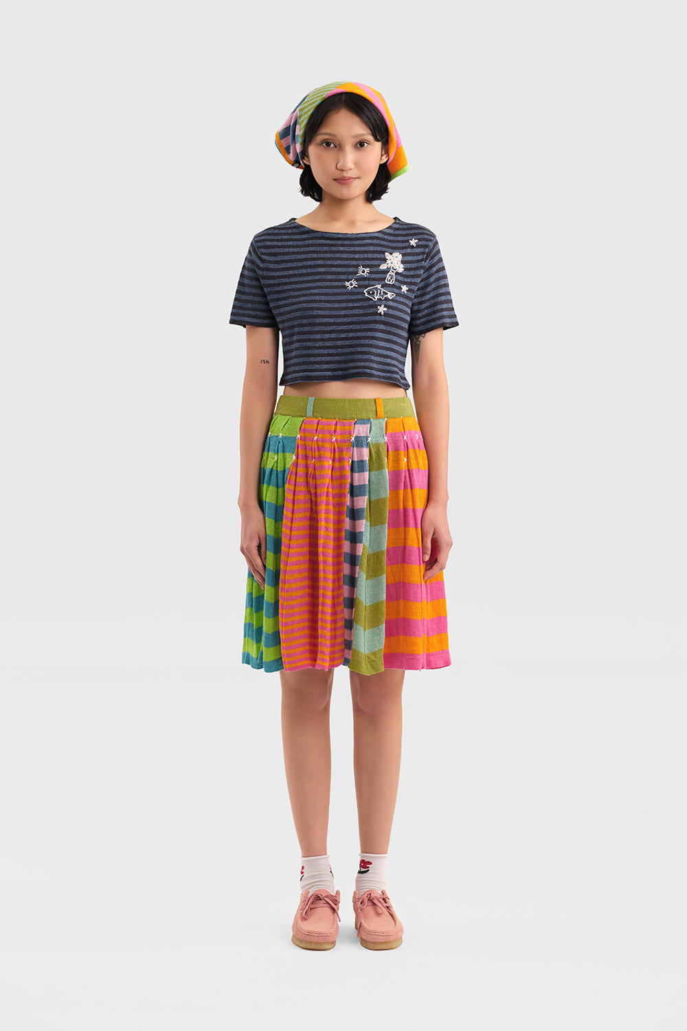 Mismatch Linen Stripe Pleated Midi Skirt