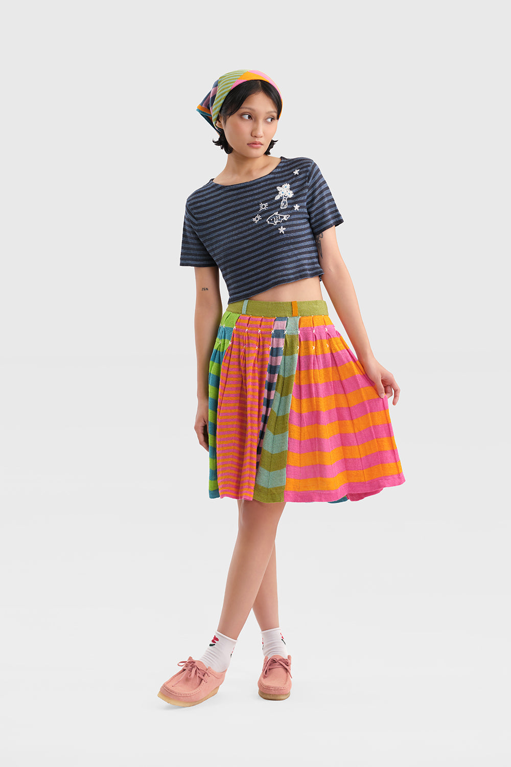 Mismatch Linen Stripe Pleated Midi Skirt