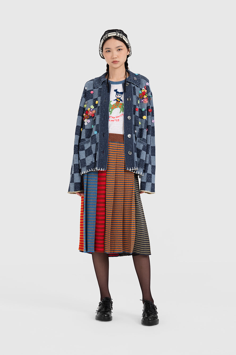 Mismatched Stripe Pleated Midi Skirt