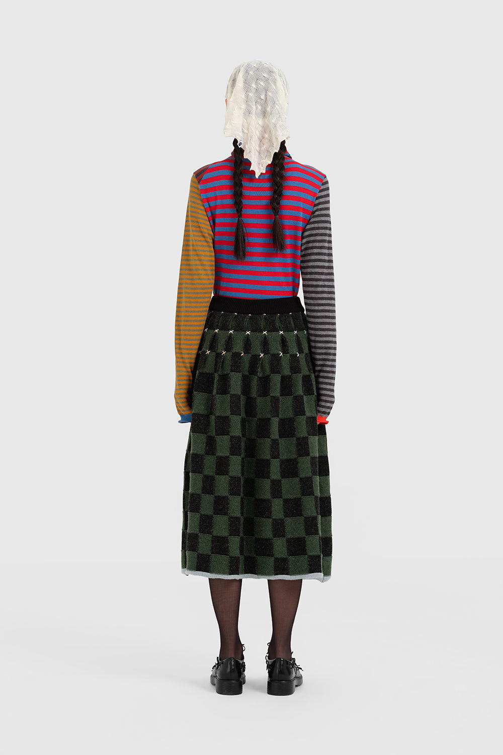Wool Check Pleated Midi Skirt